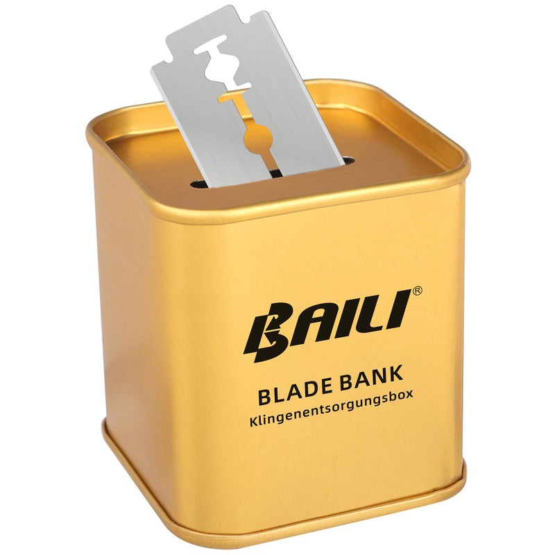 BAILI Razor Blade Bank Sharps Disposal Container Bin Storage Safely Store Used Safety Razor Blades Large Capacity for Barber Shops Personal Use Sealed Design Holds 300+ Blades, Matte Gold